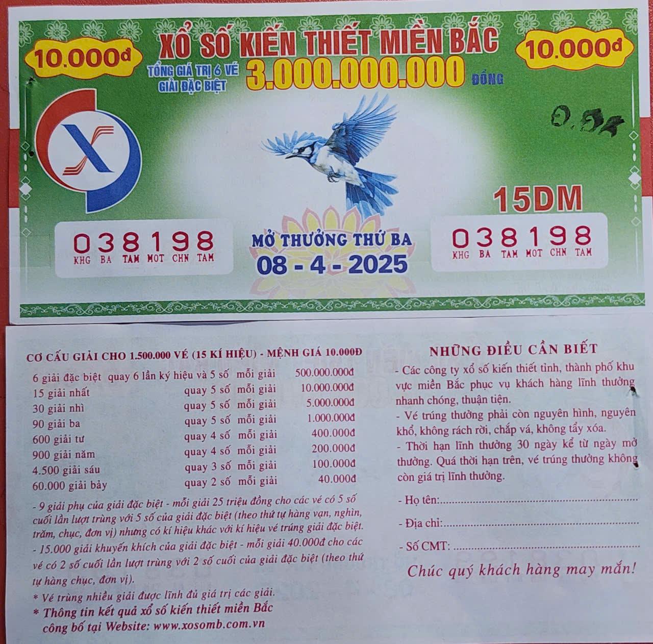 Mẫu vé số xổ số kiến thiết miền Bắc phát hành hôm nay 8/4/2025